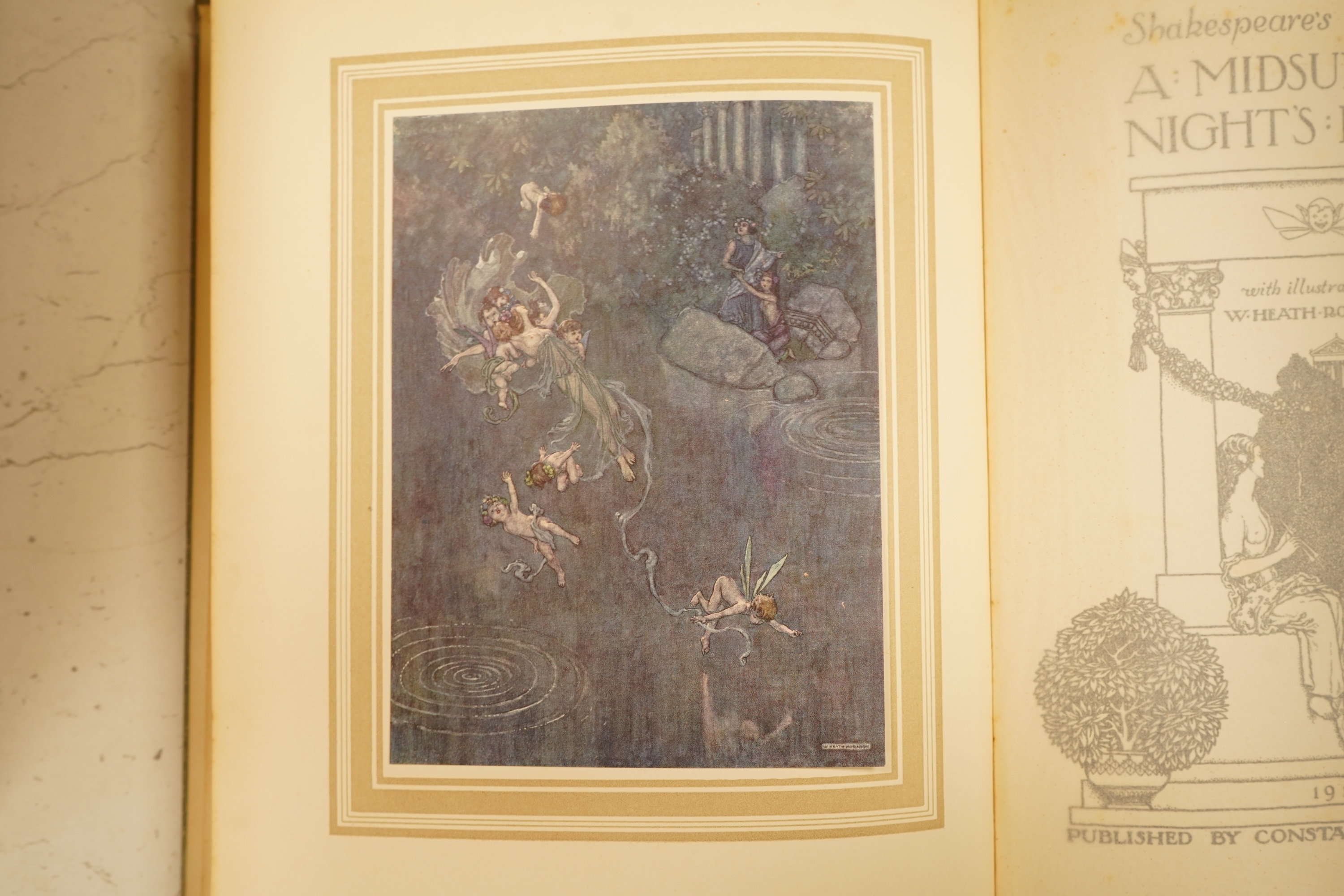 Shakespeare, William - Shakespeare's Comedy of a Midsummer Night's Dream ... decorated pictorial title, 12 coloured and mounted plates (within coloured borders) and num. other illus. (by W. Heath Robinson); publisher's g